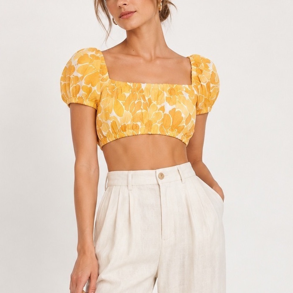 Faithfull the Brand Harlow Top Women XL Marigold Canaria Floral Puff Sleeve Crop